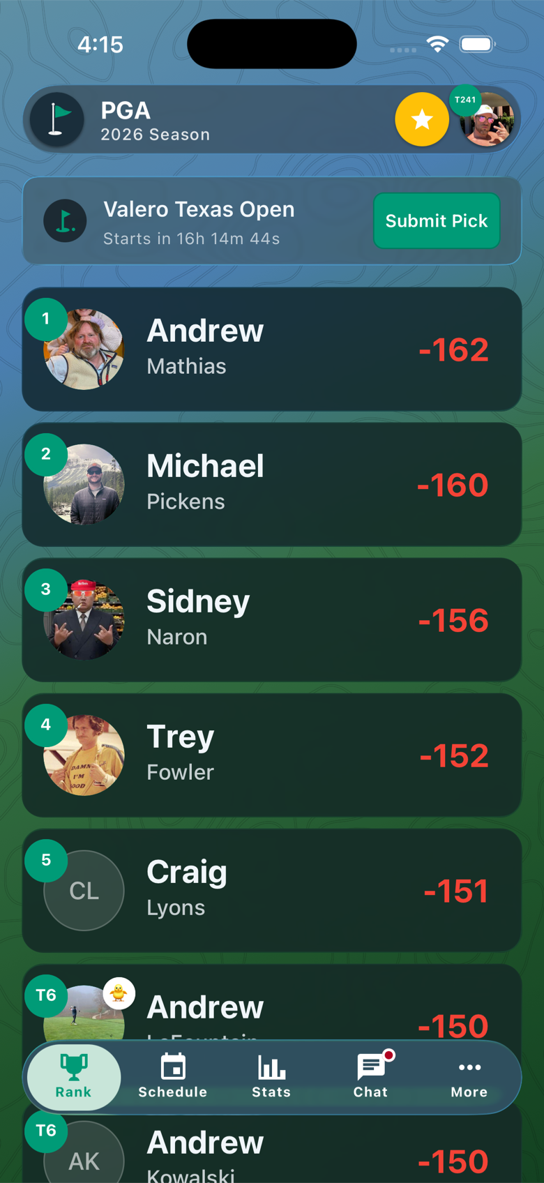 Pick'em Club iOS app — PGA leaderboard